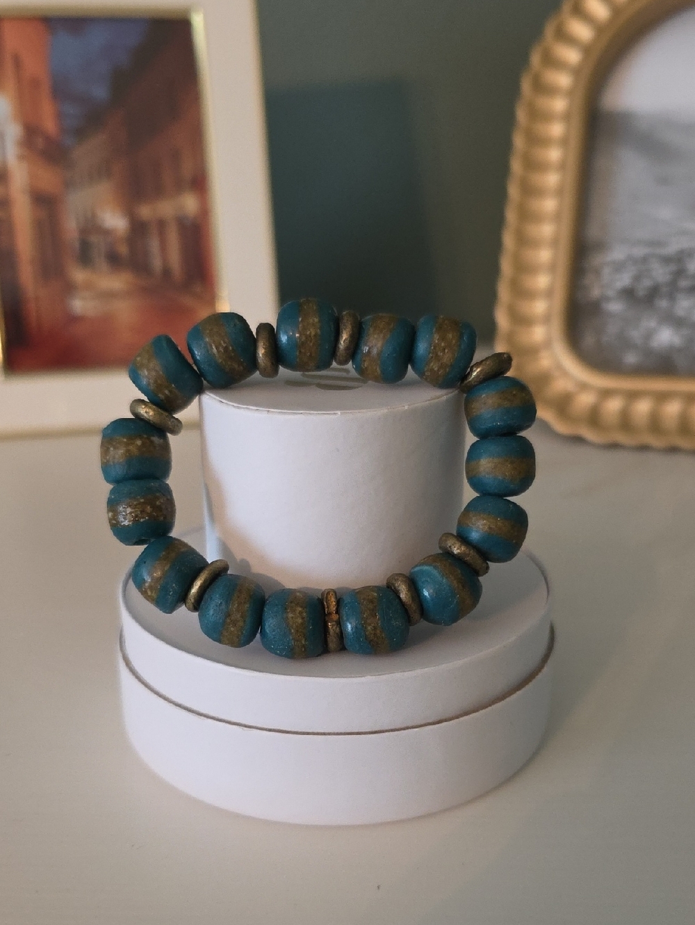 Handmade Turquoise and Gold Beaded Stretch Bracelet